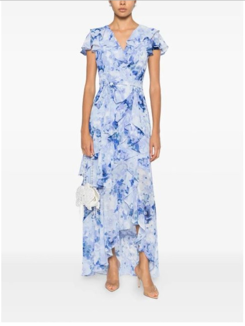 Eliza J Women's Blue Floral Print Chiffon Asymmetrical Ruffled Maxi Dress Size 8